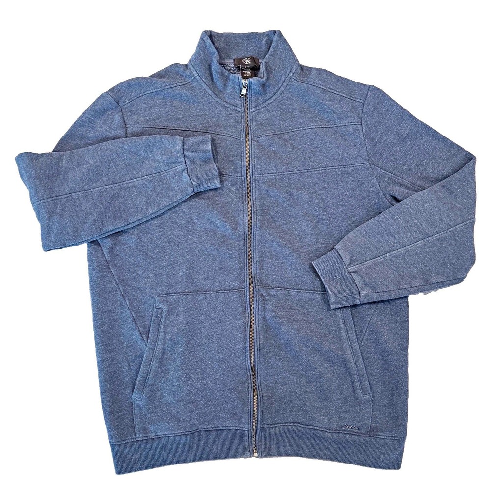 Calvin Klein Mens Large Full Zip Mock Neck Fleece Sweatshirt Jacket Gray Logo L